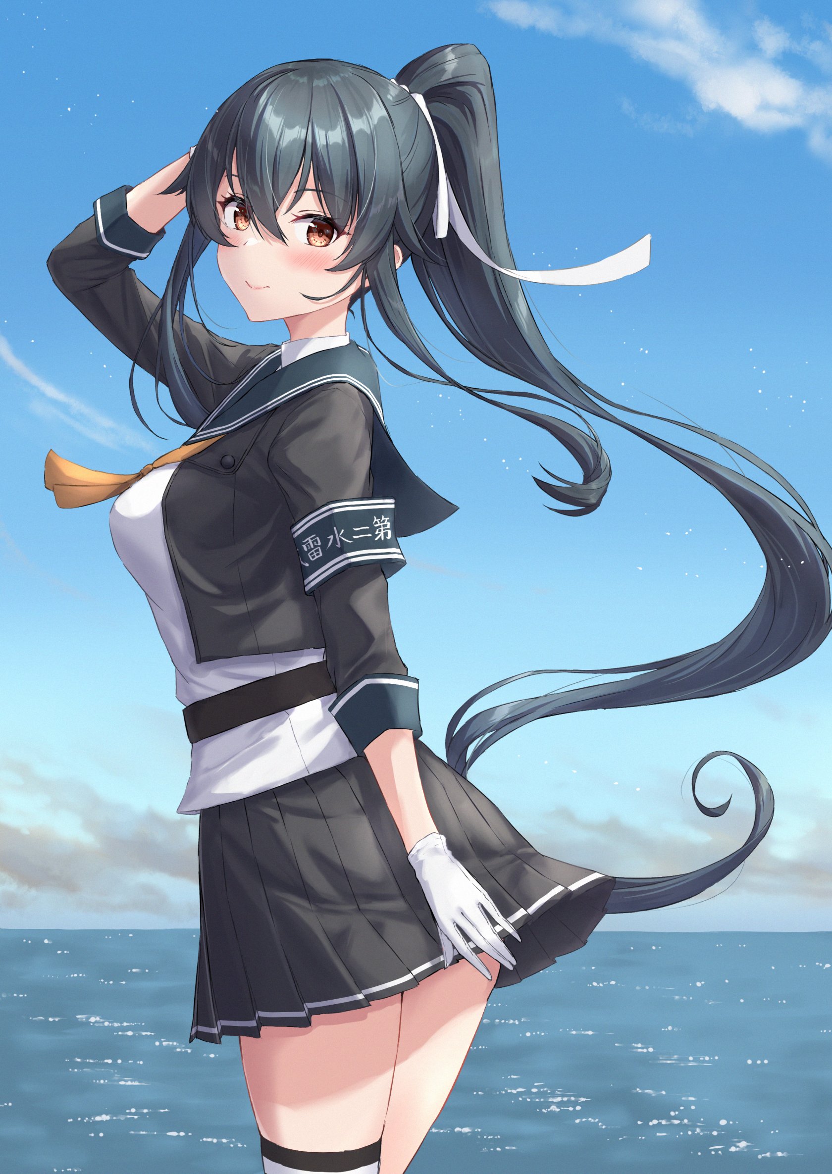 asymmetrical_legwear black_hair black_sailor_collar garter_straps gloves highres kantai_collection long_hair monoku neckerchief orange_neckerchief pleated_skirt ponytail red_eyes sailor_collar school_uniform sidelocks single_garter_strap single_thighhigh skirt thighhighs uneven_legwear white_gloves yahagi_(kancolle) yahagi_kai_ni_(kancolle)