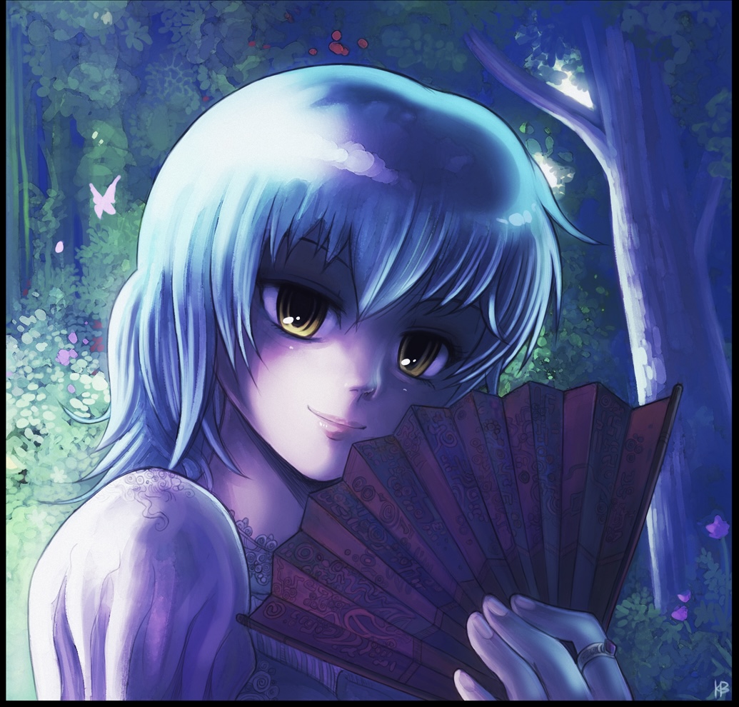 blue_hair bug butterfly felarya hand_fan insect karbo lips looking_at_viewer smile solo yellow_eyes