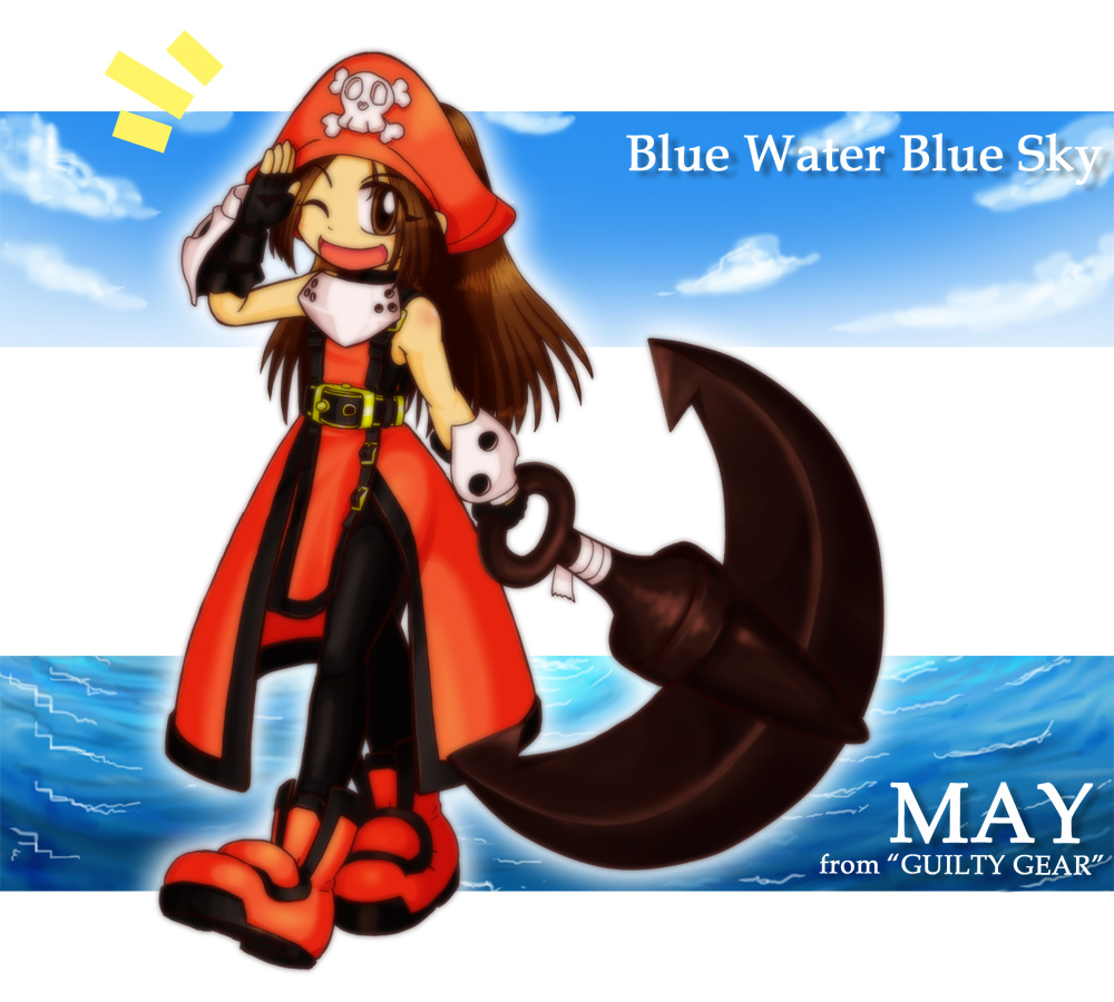 1girl anchor black_gloves black_leggings blue_sky boots brown_hair character_name cloud fingerless_gloves gloves guilty_gear guilty_gear_xx hair_up hat hat_ornament holding holding_anchor leggings long_hair looking_at_viewer mail_(mail_gell) may_(guilty_gear) ocean one_eye_closed orange_boots orange_hat orange_skirt pirate pirate_hat skirt skull_and_crossbones skull_hat_ornament sky sleeveless smile solo