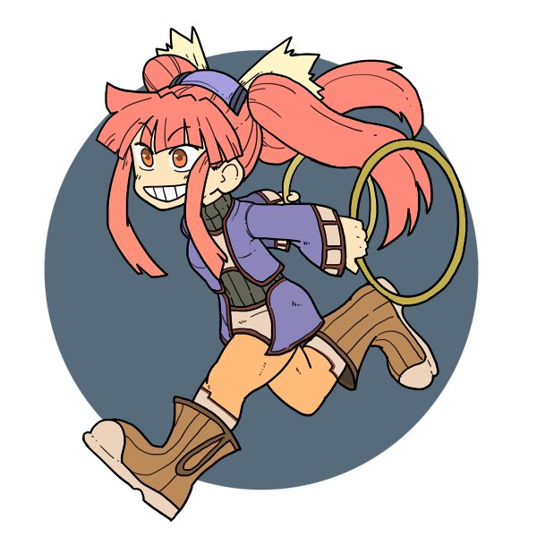 1girl boots chakram dewprism dress full_body hamoya knee_boots long_hair long_sleeves mint_(dewprism) orange_pantyhose pantyhose pink_hair red_eyes running smile solo twintails weapon
