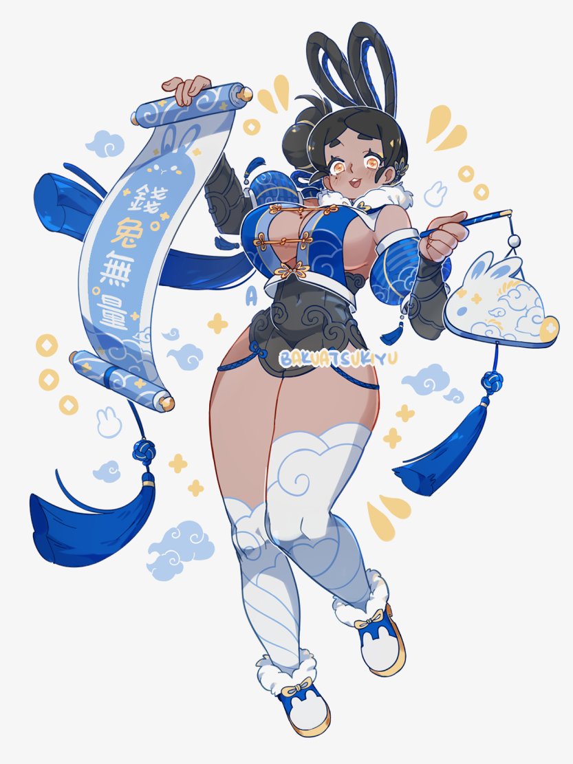 1girl animal_ears artist_name bakuatsukiyu black_hair blush breasts chinese_clothes chinese_zodiac cleavage_cutout clothing_cutout dark-skinned_female dark_skin fake_animal_ears full_body huge_breasts large_breasts original parchment rabbit_ears shoes smile solo thighs translation_request white_background yellow_eyes