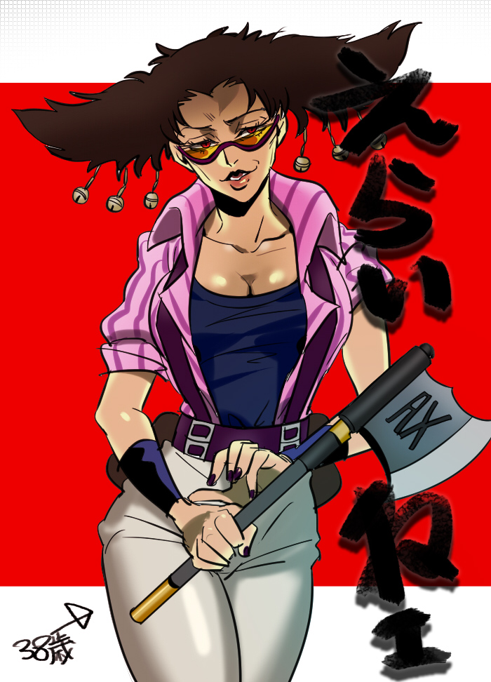 1girl alessi anzumame axe black_hair breasts cleavage female_focus genderswap genderswap_(mtf) hair_ornament jojo_no_kimyou_na_bouken nail_polish solo sunglasses weapon