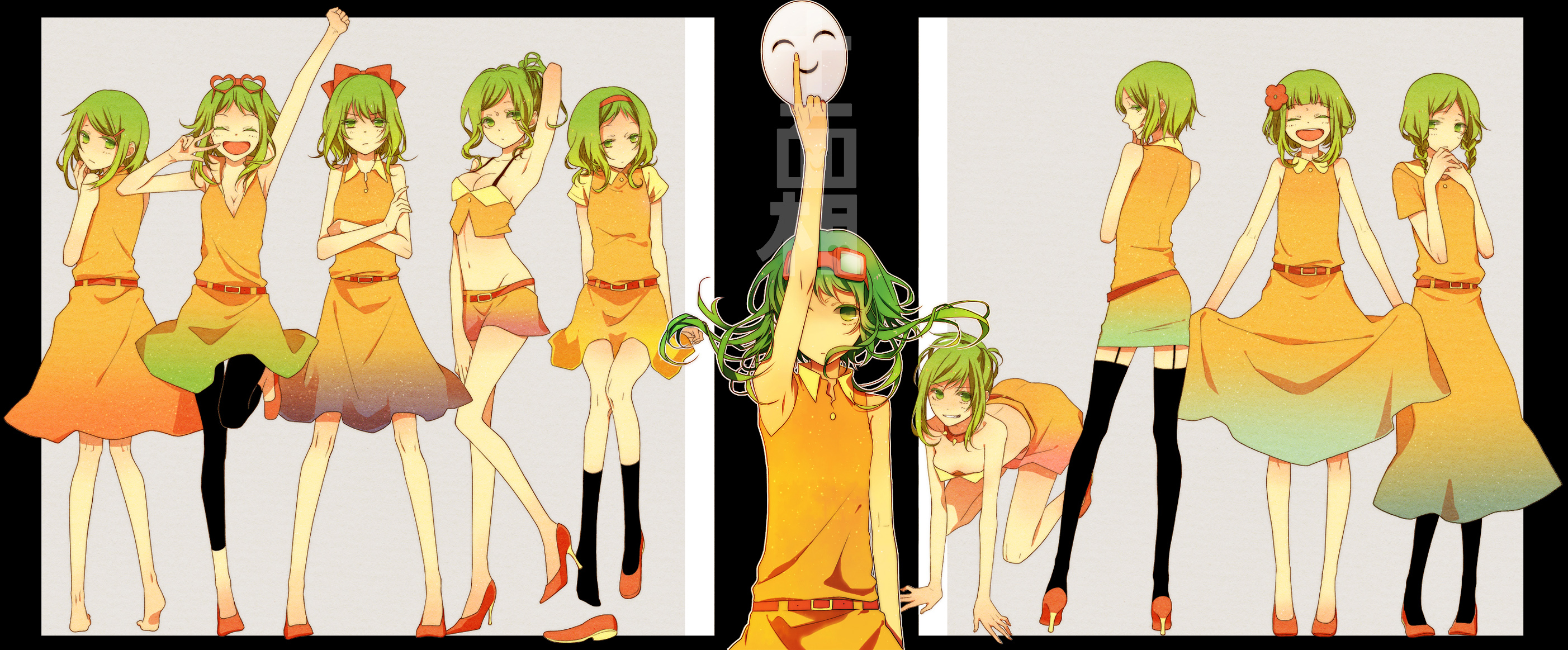1girl alternate_hairstyle bad_id bad_pixiv_id barefoot black_pantyhose dress flower glasses green_eyes green_hair gumi hair_flower hair_ornament hairband hairclip highres juu_mensou_(vocaloid) leggings mask midriff multiple_persona naoto_(tulip) navel orange_dress orange_skirt pantyhose ponytail shoes short_hair single_shoe skirt thighhighs vocaloid zettai_ryouiki
