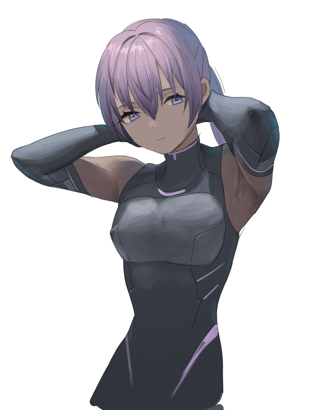 1girl arms_behind_back black_bodysuit bodysuit dark-skinned_female dark_skin dolphin_wave elbow_gloves gloves hair_between_eyes highres looking_at_viewer ponytail purple_eyes purple_hair simple_background solo souma_hayate tensen_(dotted_line) upper_body white_background
