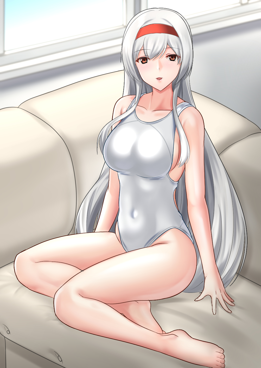 1girl alternate_costume barefoot breasts brown_eyes collarbone competition_swimsuit couch covered_navel day feet grey_hair headband highleg highleg_one-piece_swimsuit highres kantai_collection large_breasts legs long_hair looking_at_viewer one-piece_swimsuit red_headband shoukaku_(kancolle) sitting solo swimsuit toenails toes very_long_hair wata_nuki white_one-piece_swimsuit window yokozuwari