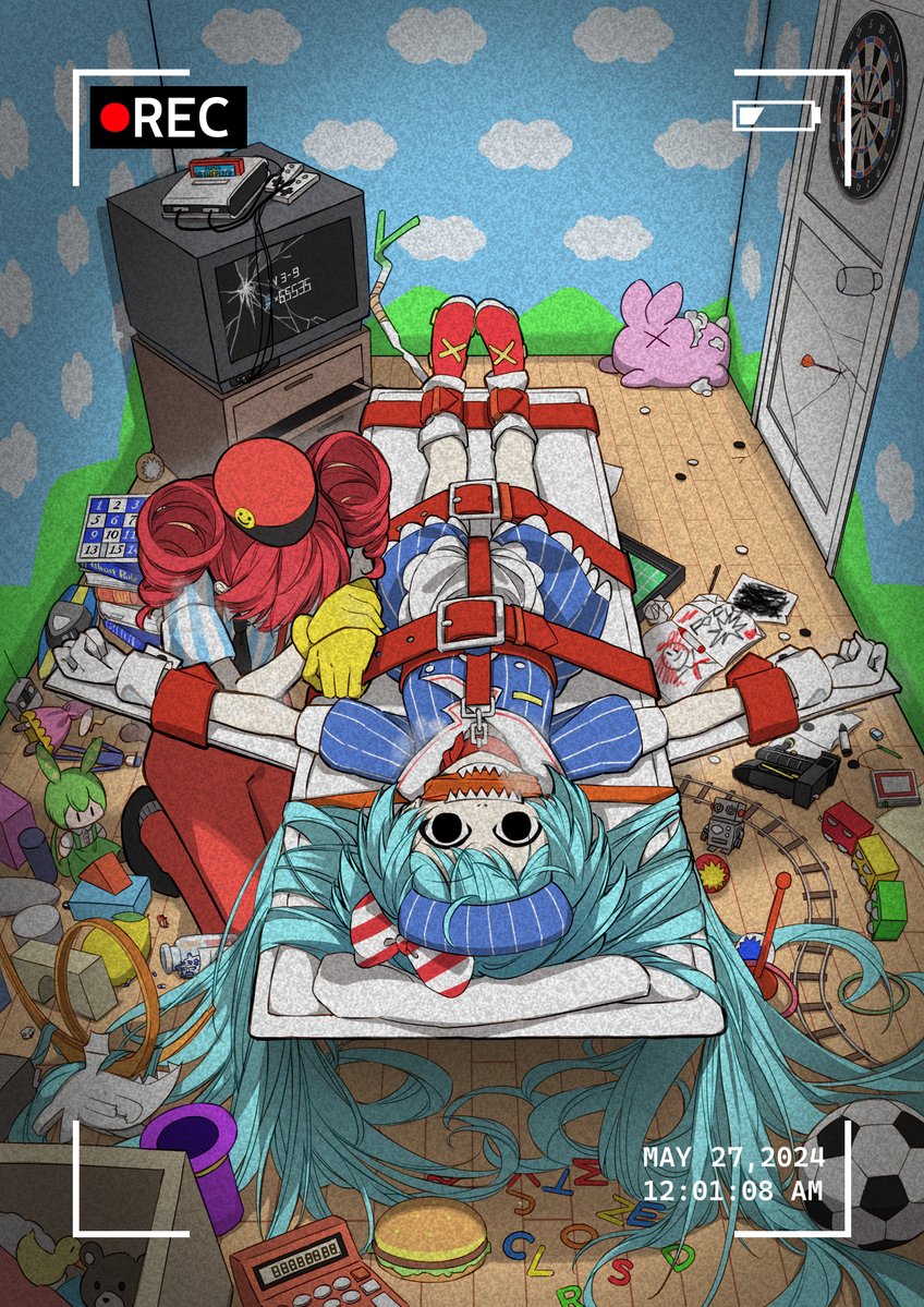 2girls aqua_hair ball blue_jacket blue_skirt board_game book box breath burger calculator character_doll dart dartboard doll door food gagged game_console gloves go_(board_game) hair_spread_out hat hatsune_miku heavy_breathing hollow_eyes hymgkamui indoors jacket kasane_teto kasane_teto_(sv) kneeling long_hair mesmerizer_(vocaloid) multiple_girls notebook open_mouth pants pen pill_bottle recording red_hair red_hat red_pants restrained roller_skates sharp_teeth shirt short_hair short_sleeves skates skirt soccer_ball socks spring_onion striped_clothes striped_shirt stuffed_animal stuffed_rabbit stuffed_toy suki_na_souzai_happyou_dragon_(utau) synthesizer_v teeth television timestamp toy_block toy_robot toy_train utau viewfinder visor_cap vocaloid voicevox white_socks wrist_cuffs yellow_gloves zundamon