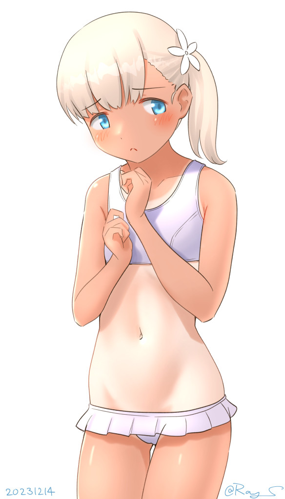 bikini blonde_hair blue_eyes blunt_bangs cosplay cowboy_shot flat_chest kantai_collection long_hair looking_at_viewer lowleg lowleg_bikini navel one-hour_drawing_challenge one-piece_tan ray.s ro-500_(kancolle) ro-500_(kancolle)_(cosplay) ro-500_(swimsuit)_(kancolle) shin&#039;you_(kancolle) standing swimsuit tan tanline thigh_gap white_bikini