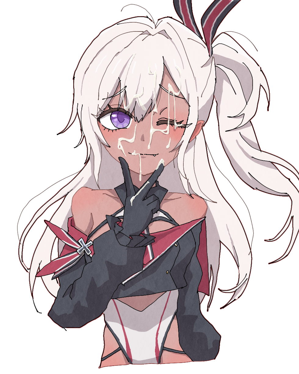 1girl azur_lane bare_shoulders black_ribbon camave crop_top cross cum cum_in_mouth cum_on_body cunnilingus_gesture dark-skinned_female dark_skin facial fang hair_intakes hair_ribbon hand_up highres iron_cross long_hair looking_at_viewer one-piece_swimsuit one_eye_closed one_side_up purple_eyes red_ribbon ribbon simple_background solo swimsuit two-tone_ribbon u-31_(azur_lane) upper_body v v_over_mouth white_background white_hair white_one-piece_swimsuit