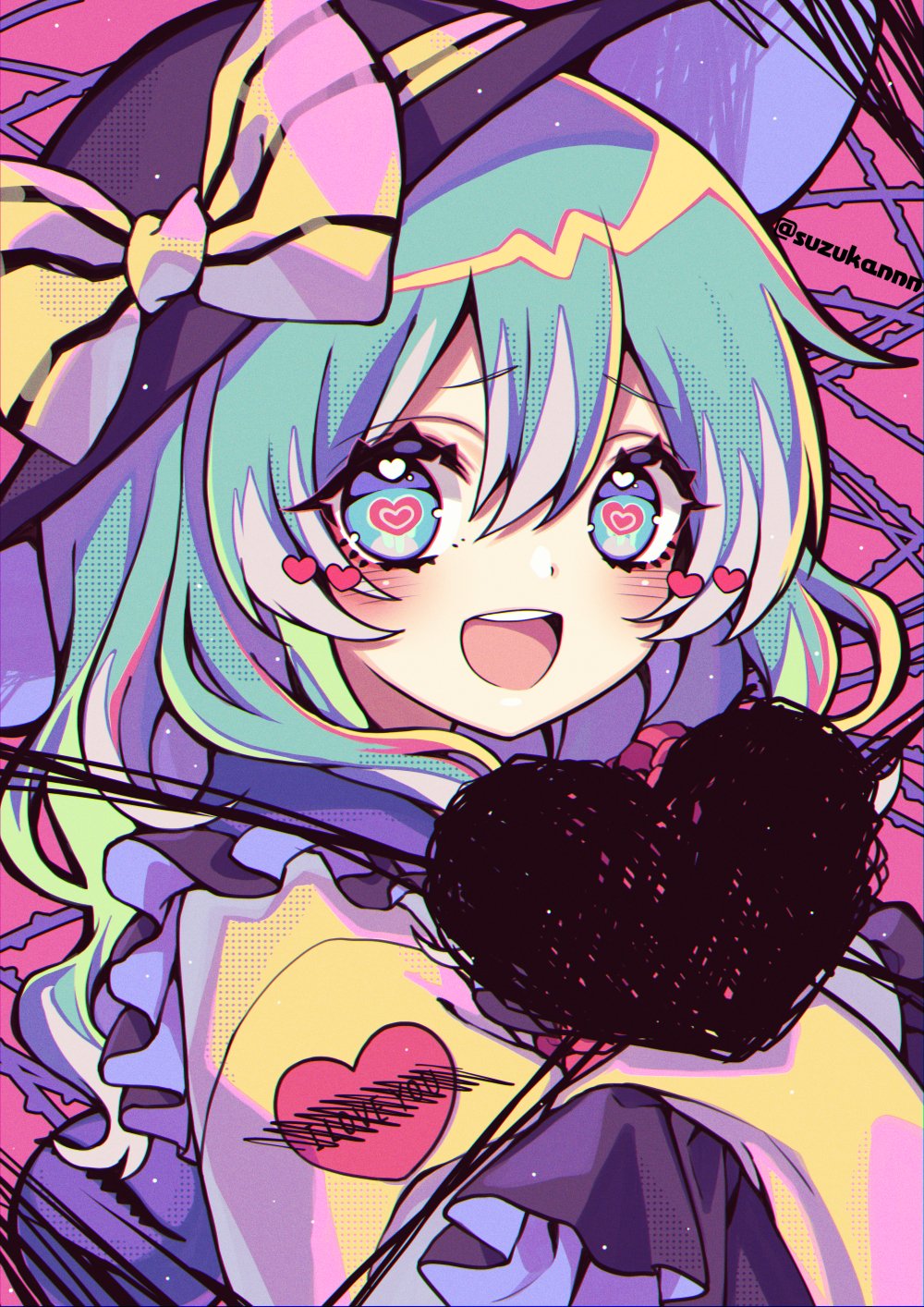 1girl aqua_eyes aqua_hair black_hat blouse blush collared_shirt english_text eyeball flower frilled_shirt_collar frilled_sleeves frills hair_between_eyes hat hat_ribbon heart heart-shaped_pupils highres komeiji_koishi kyouda_suzuka long_sleeves looking_at_viewer magenta_background medium_hair open_mouth pink_background red_flower red_rose ribbon rose shirt smile solo symbol-shaped_pupils teeth third_eye thorns touhou twitter_username upper_body upper_teeth_only wavy_hair wide_sleeves yellow_ribbon yellow_shirt