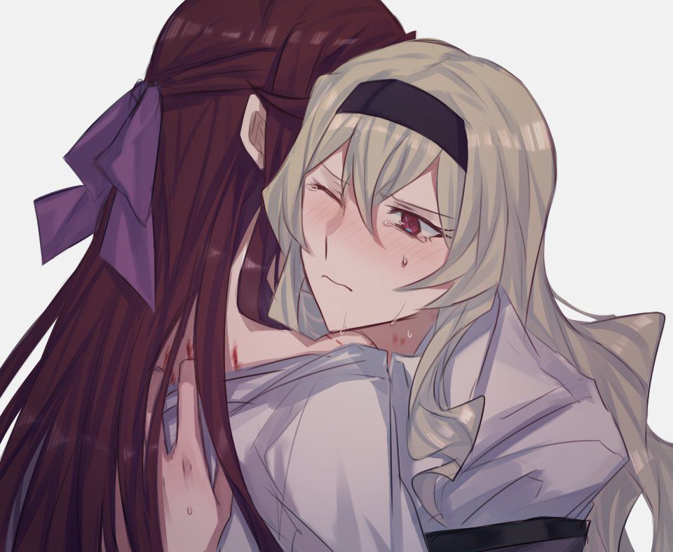 back bite_mark blonde_hair brown_hair crying hair_ribbon headband neck ribbon saijou_claudine school_uniform scratching_back shoujo_kageki_revue_starlight shoujo_kageki_revue_starlight_-re_live- streaming_tears teardrop tearing_up tears tendou_maya yuri