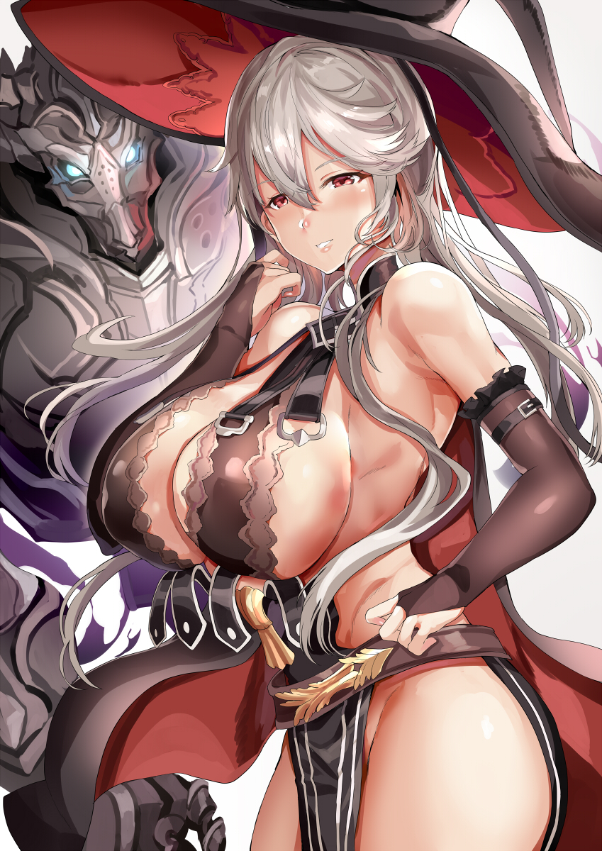 1girl armpits bare_hips bare_shoulders belt breasts bridal_gauntlets cleavage cleavage_cutout clothing_cutout commentary_request golem granblue_fantasy groin hat highres himuro_shunsuke magisa_(granblue_fantasy) pelvic_curtain revealing_clothes sideboob witch witch_hat