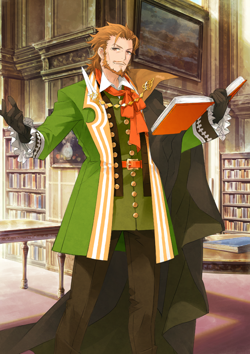 1boy beard belt belt_buckle black_cape black_gloves book brown_eyes brown_facial_hair brown_hair brown_pants brown_vest buckle buttons cape closed_mouth collared_shirt facial_hair fate/grand_order fate_(series) feet_out_of_frame frilled_sleeves frills full_beard gloves green_jacket hands_up holding holding_book indoors jacket konoe_ototsugu legs_apart long_sleeves male_focus medium_hair mustache official_art open_book open_clothes open_jacket open_vest orange_belt orange_scarf outstretched_arms pants scarf shirt side_cape smile solo standing sweater_guard third-party_source vest white_shirt william_shakespeare_(fate) wing_collar