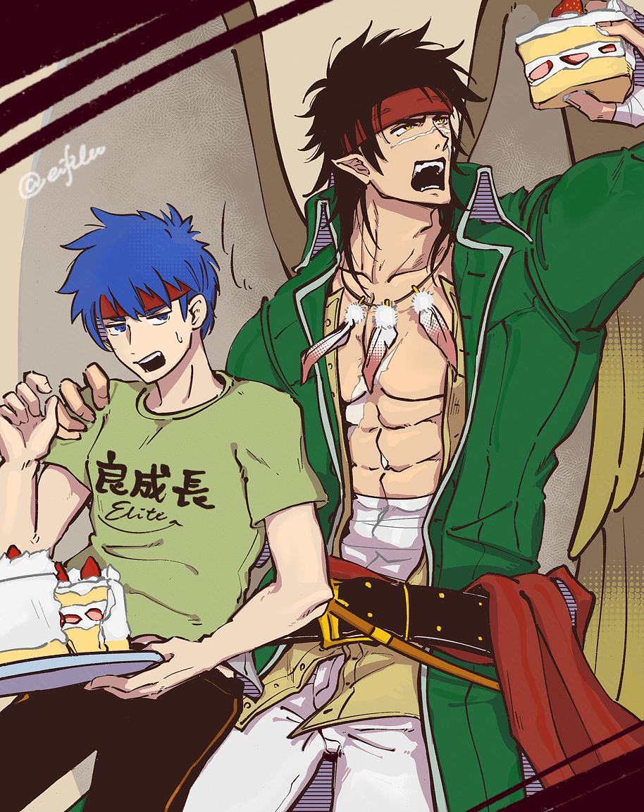 2boys abs bare_pectorals belt blue_eyes blue_hair cake cake_slice commentary_request eifilet feather_necklace fire_emblem fire_emblem:_path_of_radiance food grabbing_another&#039;s_shoulder headband holding holding_cake holding_food ike_(fire_emblem) jewelry laguz_(fire_emblem) male_focus multiple_boys muscular muscular_male necklace nintendo open_clothes open_mouth pectorals pointy_ears red_headband scar scar_on_chest scar_on_face short_hair tibarn_(fire_emblem) twitter_username wings yellow_eyes