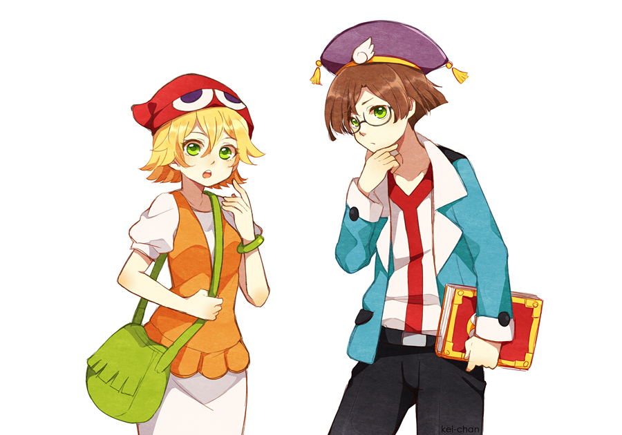 1boy 1girl amitie_(puyopuyo) bag bianca_(pokemon) bianca_(pokemon)_(cosplay) blonde_hair bracelet brown_hair cheren_(pokemon) cheren_(pokemon)_(cosplay) compile cosplay glasses green_eyes handbag hat jacket jewelry kei-chan_(atlas_kei) klug_(puyopuyo) look-alike madou_monogatari nintendo npc_trainer pants pokemon pokemon_bw puyopuyo puyopuyo_fever short_hair skirt white_background