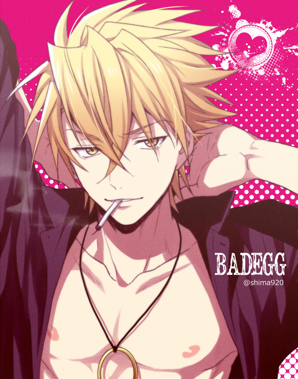 1boy arms_behind_head black_shirt brown_eyes cigarette collared_shirt commentary_request giancarlo_bourbon_del_monte hair_between_eyes heart jewelry light_brown_hair looking_at_viewer lucky_dog_1 male_focus mashima_shima mouth_hold necklace nipples open_clothes open_shirt pectorals pink_background polka_dot polka_dot_background shirt smile smoke smoking solo twitter_username upper_body