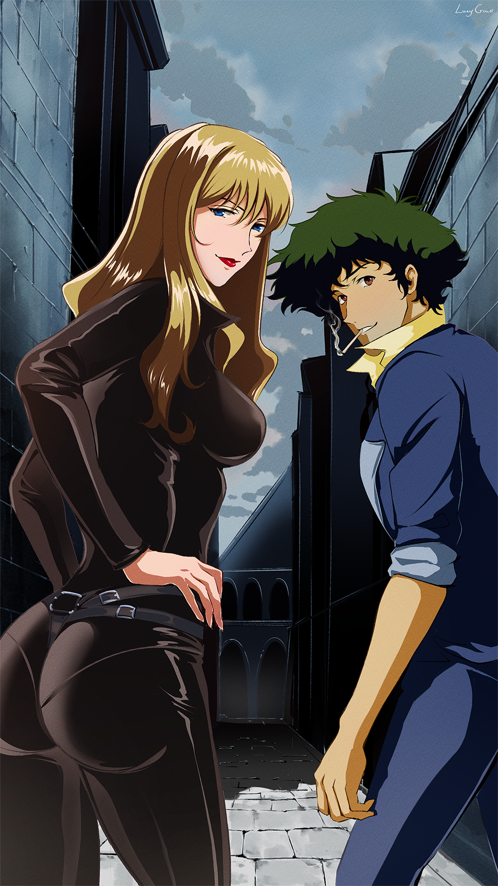 1boy 1girl belt blonde_hair blue_eyes brown_eyes catsuit cigarette couple cowboy_bebop curly_hair green_hair highres julia_(cowboy_bebop) leather lucyguusi spike_spiegel