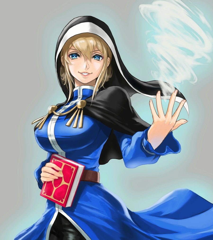 1girl anagumasan belt blonde_hair blue_eyes book capelet female_focus goeniko holding holding_book long_sleeves priestess snk solo the_king_of_fighters wind