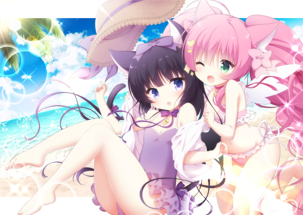 2girls ;d ahoge animal_ears barefoot beach bikini black_hair blush bow casual_one-piece_swimsuit cat_ears cat_tail chestnut_mouth cloud day fang frilled_bikini frilled_swimsuit frills green_eyes hair_bow hat unworn_hat unworn_headwear kamishiro_piyo kneeling lens_flare long_hair looking_at_viewer multiple_girls navel one-piece_swimsuit one_eye_closed open_mouth original outdoors palm_tree pink_bikini pink_bow pink_hair purple_bow purple_eyes purple_one-piece_swimsuit sitting smile sparkle sun_hat swimsuit tail tree twintails very_long_hair water