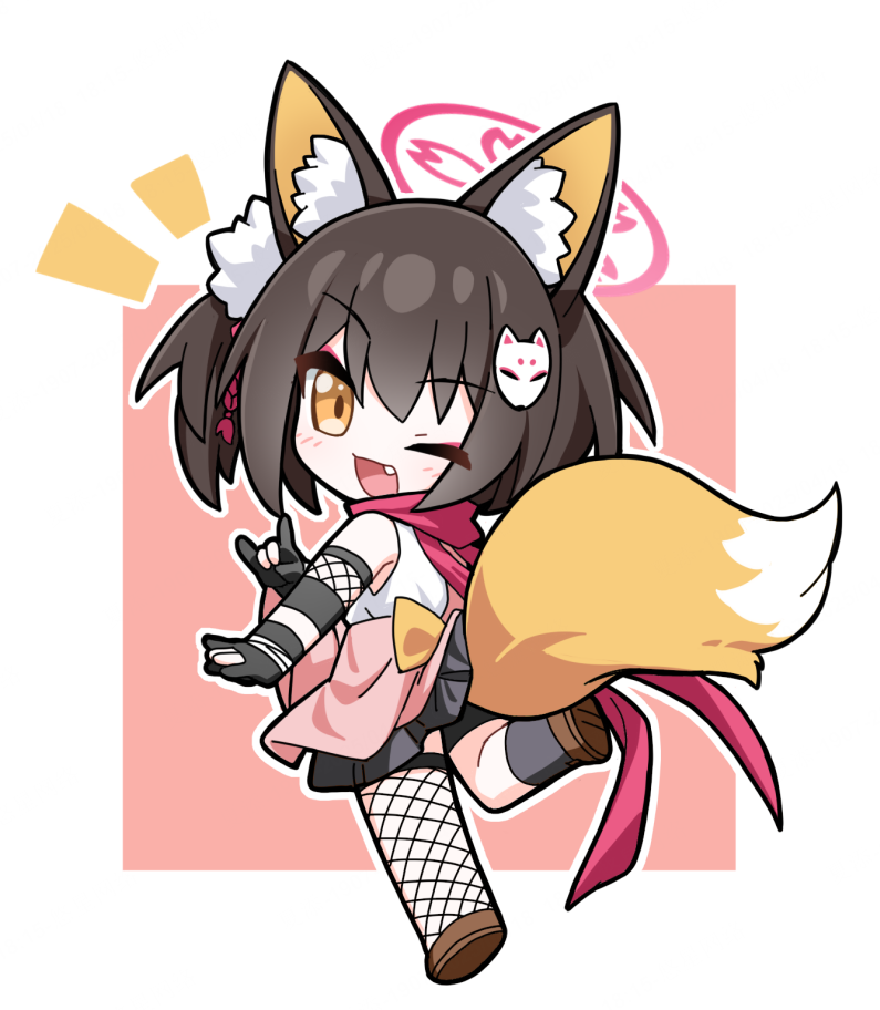 1girl ;d animal_ear_fluff animal_ears asymmetrical_legwear back_bow black_gloves blue_archive blush bow brown_hair chibi chibi_only commentary eyeshadow fang fishnet_thighhighs fishnets fox_ears fox_girl fox_hair_ornament fox_shadow_puppet fox_tail full_body gloves hair_ornament halo happy izuna_(blue_archive) long_scarf looking_at_viewer looking_back makeup medium_hair mismatched_legwear needle_(574187457) ninja notice_lines one_eye_closed one_side_up open_mouth outline partially_fingerless_gloves pink_background pink_eyeshadow pink_halo pink_scarf pom_pom_(clothes) pom_pom_hair_ornament scarf school_uniform shirt simple_background sleeveless sleeveless_shirt smile standing standing_on_one_leg tail thighhighs two-tone_background white_background white_outline white_shirt yellow_bow