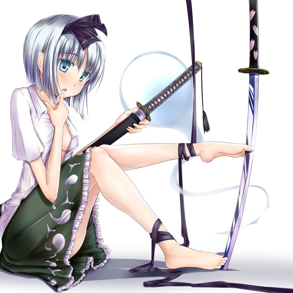 1girl barefoot between_toes blue_eyes blush darren dress_shirt feet female_focus ghost hair_ribbon hitodama holding_with_feet katana konpaku_youmu konpaku_youmu_(ghost) no_bra open_clothes open_shirt planted planted_sword planted_weapon pointy_ears ribbon scabbard sheath shirt silver_hair sitting skirt solo sword touhou unsheathing weapon