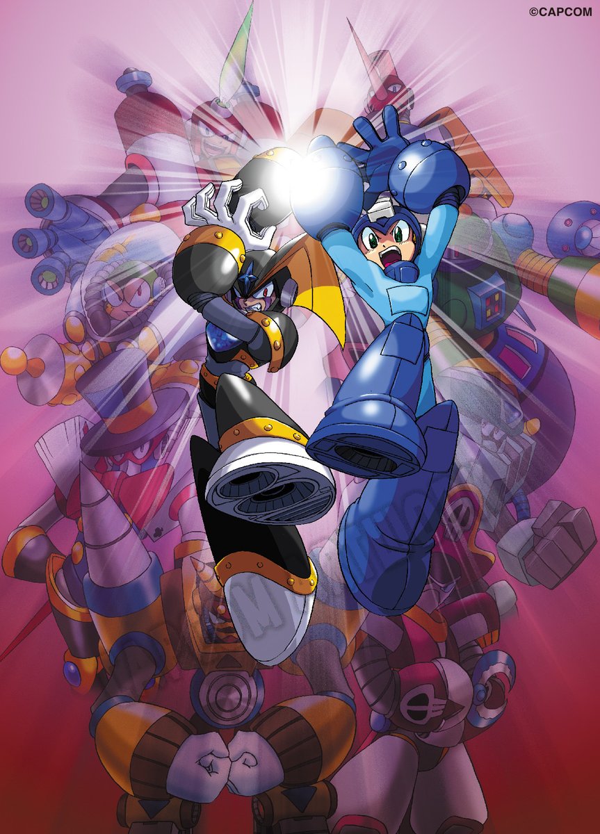 6+boys ariga_hitoshi arm_cannon armor arms_up astro_man bass_(mega_man) black_armor black_footwear black_helmet blue_bodysuit blue_footwear blue_helmet bodysuit boots burner_man chest_jewel clenched_teeth cold_man dynamo_man facial_mark fang fins fire forehead_jewel green_eyes green_fire ground_man head_fins helmet highres humanoid_robot magic_man male_focus mask mega_man_&amp;_bass mega_man_(character) mega_man_(classic) mega_man_(series) midair multiple_boys official_art open_mouth pirate_man red_eyes robot second-party_source teeth tengu_man tengu_mask textless_version upper_teeth_only watermark weapon