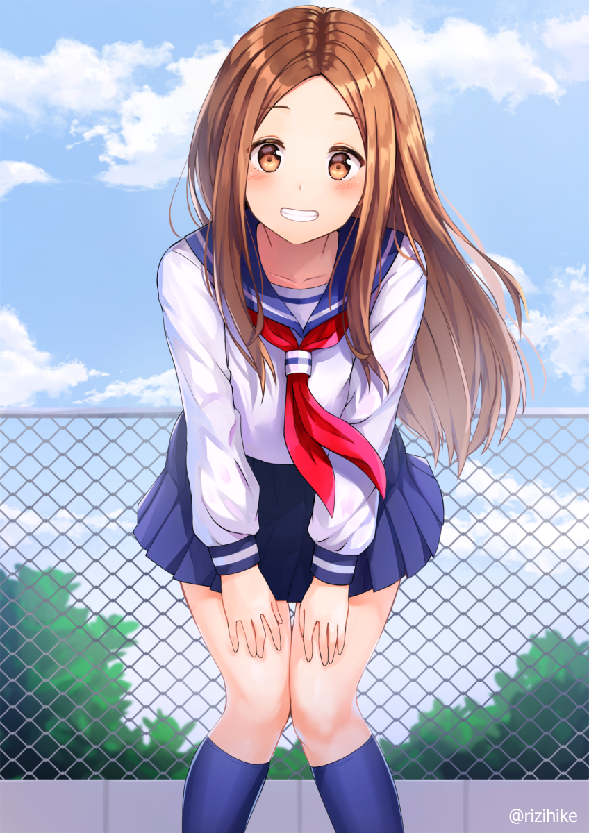 10s 1girl :d blue_sailor_collar blue_skirt blue_sky blue_socks blurry blurry_background blush brown_eyes brown_hair bush chain-link_fence cloud collarbone commentary_request day depth_of_field female_focus fence forehead grin hands_on_legs highres karakai_jouzu_no_takagi-san kneehighs long_hair looking_at_viewer neckerchief open_mouth outdoors parted_bangs pleated_skirt red_neckerchief rizihike sailor_collar school_uniform serafuku shirt skirt sky smile socks solo takagi-san twitter_username very_long_hair white_shirt