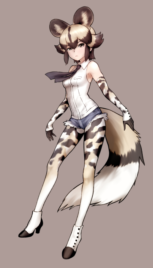 1girl black_necktie closed_mouth elbow_gloves full_body gloves grey_background hyena_ears hyena_tail ise_(0425) kemono_friends looking_at_viewer necktie pantyhose print_pantyhose shirt shoes short_hair short_shorts shorts simple_background solo spotted_hyena_(kemono_friends) white_shirt white_shoes