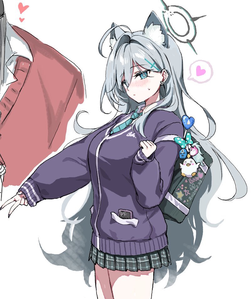 1boy 1girl animal_ear_fluff animal_ears black_halo blue_archive broken_halo cross cross_hair_ornament dark_halo extra_ears grey_hair hair_ornament halo heart inverted_cross mikeneko_mari out_of_frame phrenapates_(blue_archive) shiroko_(blue_archive) shiroko_terror_(blue_archive) wolf_ears wolf_girl