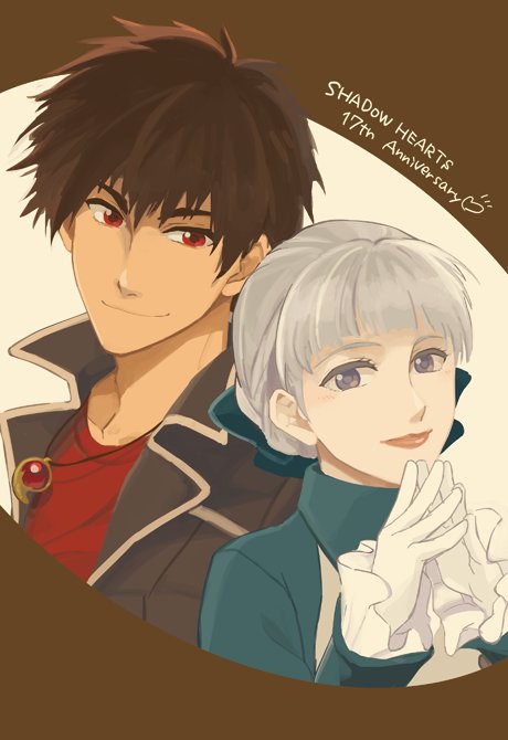1boy 1girl alice_elliot braid brown_hair closed_mouth gloves jewelry long_sleeves looking_at_viewer mae_(machibari365.) red_eyes shadow_hearts short_hair silver_hair simple_background smile yuri_hyuga