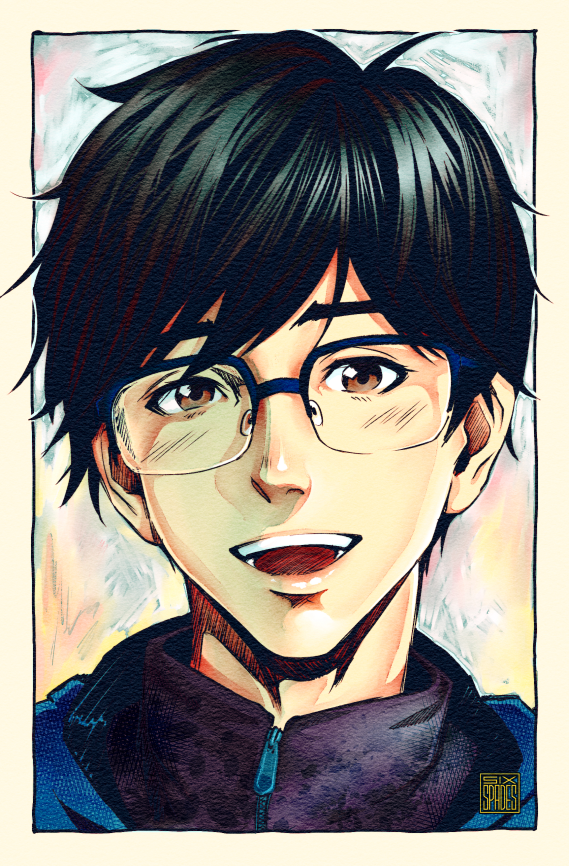1boy black-framed_eyewear black_hair blush border brown_eyes glasses katsuki_yuuri looking_at_viewer male_focus open_mouth outside_border portrait sixspadesart solo teeth white_border yuri!!!_on_ice