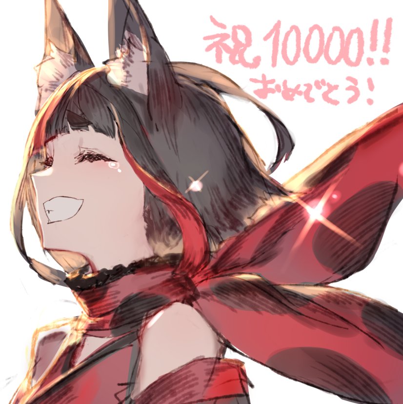 1girl animal_ear_fluff animal_ears animare bare_shoulders black_hair blunt_bangs closed_mouth congratulations female_focus fox_ears grin inari_kuromu izumi_sai multicolored_hair nanashi_inc. red_eyes red_hair red_scarf scarf short_hair simple_background sketch smile solo streaked_hair tearing_up tears upper_body virtual_youtuber white_background