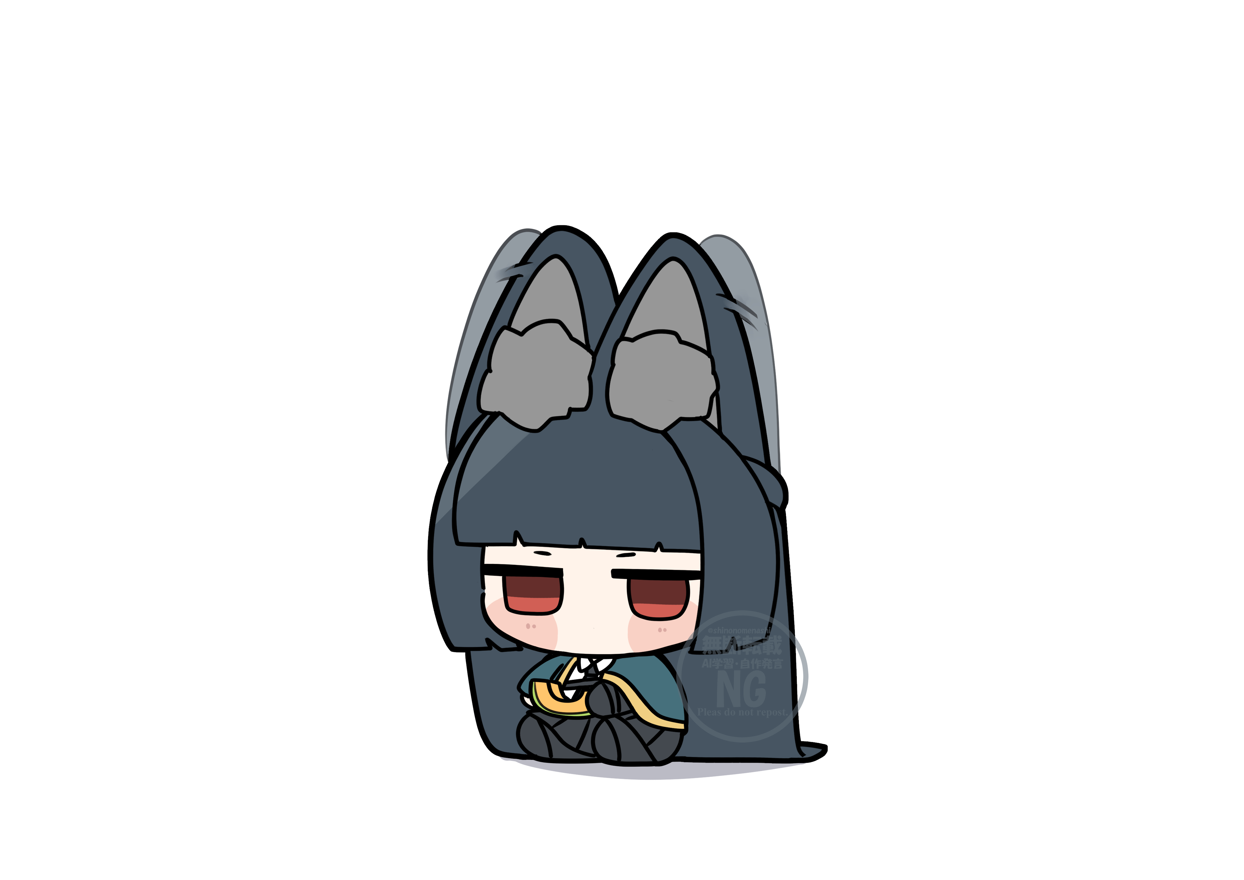 1girl absurdly_long_hair absurdres animal_ear_fluff animal_ears aqua_capelet black_hair black_necktie black_skirt blunt_bangs blunt_ends blush_stickers chibi commentary_request food fruit highres hime_cut holding holding_food hoshimi_miyabi jitome long-eared_miyabi_(meme) long_hair melon meme necktie no_mouth pleated_skirt red_eyes shinonome_nashi shirt simple_background sitting skirt solo very_long_ears very_long_hair watermark white_background white_shirt zenless_zone_zero