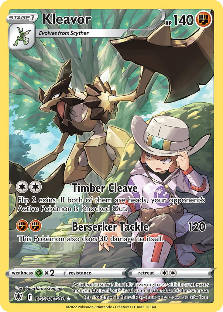 1boy artist_name blue_sky bracelet brown_hair card_(medium) character_name cloud company_name copyright_name copyright_notice cowboy_hat day english_text gen_1_pokemon gunjima_souichirou hat hiding jewelry kleavor lian_(pokemon) long_sleeves nintendo official_art open_mouth outdoors pearl_clan_outfit pokemon pokemon_(creature) pokemon_card pokemon_legends:_arceus pokemon_tcg pouch rock scyther short_hair sky third-party_source trading_card tree white_hat