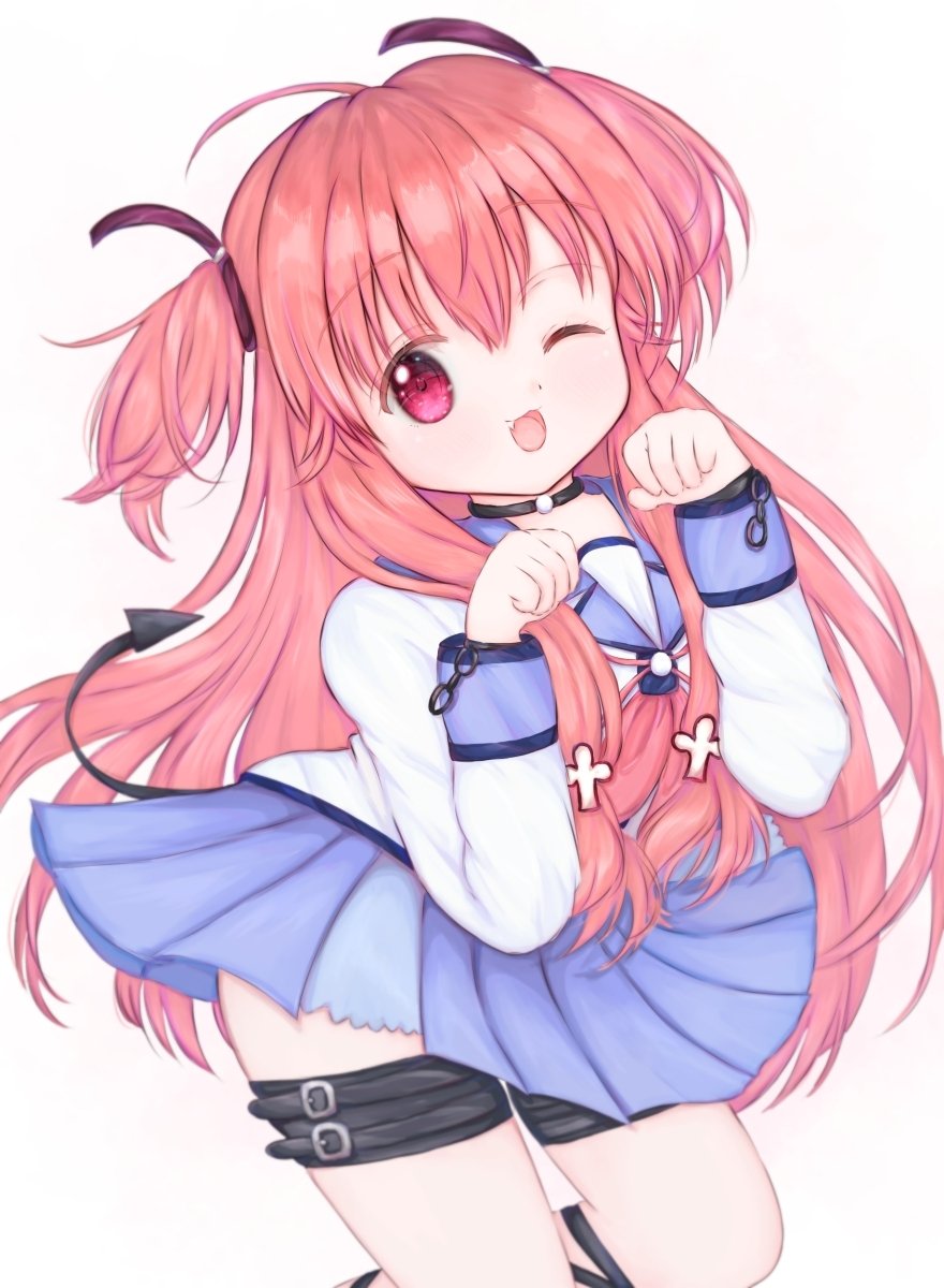 1girl ;d ahoge angel_beats! black_choker blue_skirt blush choker commentary cross_hair_ornament demon_tail fake_tail fang feet_out_of_frame floating_clothes hair_between_eyes hair_ornament hands_up happy highres long_hair long_sleeves looking_at_viewer miniskirt neckerchief one_eye_closed open_mouth paw_pose pink_hair pink_neckerchief pleated_skirt red_eyes sailor_collar sakata_misuzu shinda_sekai_sensen_uniform shirt sidelocks simple_background skirt smile solo tail tareme thigh_strap two_side_up very_long_hair white_background white_sailor_collar white_shirt yui_(angel_beats!)