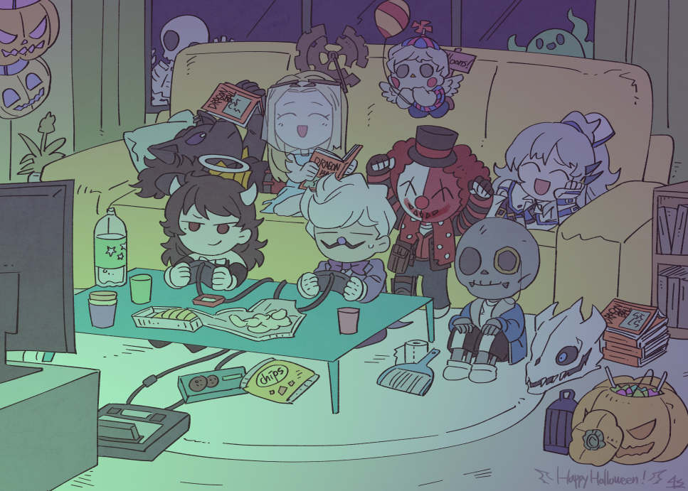 3girls 5boys alice_angel alice_angel_(cosplay) argalia_(project_moon) balloon_boy_(fnaf) balloon_boy_(fnaf)_(cosplay) bendy_and_the_ink_machine blonde_hair bloody_roar bookshelf bow bowtie brown_hair chibi chips_(food) closed_eyes cosplay couch cuphead_(game) eileen_(project_moon) elena_(project_moon) five_nights_at_freddy&#039;s food force_(4sk_force) gasterblaster gears guilty_gear guilty_gear_xrd halloween_costume halo horns identity_v jack-o&#039;-lantern jae-heon joker_(identity_v) joker_(identity_v)_(cosplay) king_dice king_dice_(cosplay) ky_kiske ky_kiske_(cosplay) library_of_ruina long_hair lying monocle multiple_boys multiple_girls ogami_yugo ogami_yugo_(cosplay) on_back open_mouth oswald_(project_moon) philip_(project_moon) pillow potato_chips project_moon purple_bow purple_bowtie sans_(cosplay) sans_(undertale) sitting skeleton smile spooky&#039;s_house_of_jump_scares spooky_(shojs) spooky_(shojs)_(cosplay) table tanya_(project_moon) toilet_paper undertale very_long_hair white_hair