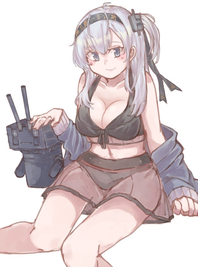 1girl az_toride bikini bikini_skirt blue_eyes blush breasts chou-10cm-hou-chan chou-10cm-hou-chan_(akizuki&#039;s) chou-10cm-hou-chan_(suzutsuki&#039;s) cleavage female_focus hachimaki hair_ornament headband jacket kantai_collection large_breasts long_hair looking_at_viewer see-through_clothes silver_hair sitting smile solo suzutsuki_(kancolle) suzutsuki_(swimsuit)_(kancolle) swimsuit
