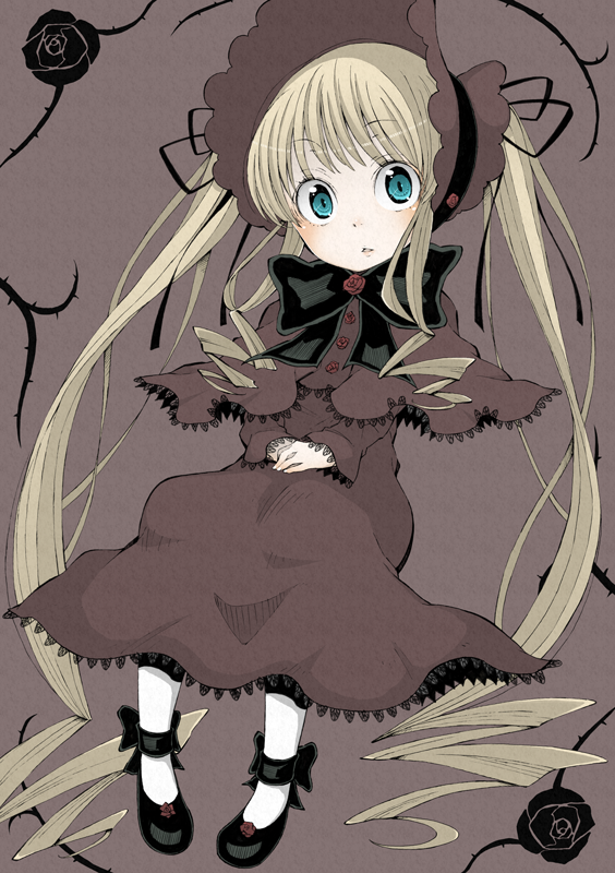 1girl black_bow black_bowtie black_flower black_rose blonde_hair blue_eyes bonnet bow bowtie flower full_body long_hair mary_janes purple_bonnet rose rozen_maiden shinku shoes socks solo thorns twintails urei-hibino very_long_hair white_socks