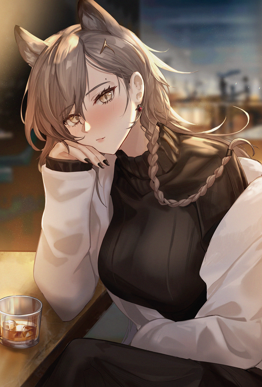 1girl animal_ears arknights black_sweater blush braid brown_eyes brown_hair cup drinking_glass extra_ears hair_ornament highres indoors jacket kachi long_hair looking_at_viewer mole mole_above_eye mole_on_forehead official_alternate_costume open_clothes open_jacket penance_(arknights) penance_(occasionally_flushed)_(arknights) single_braid solo sweater turtleneck turtleneck_sweater white_jacket wolf_ears wolf_girl