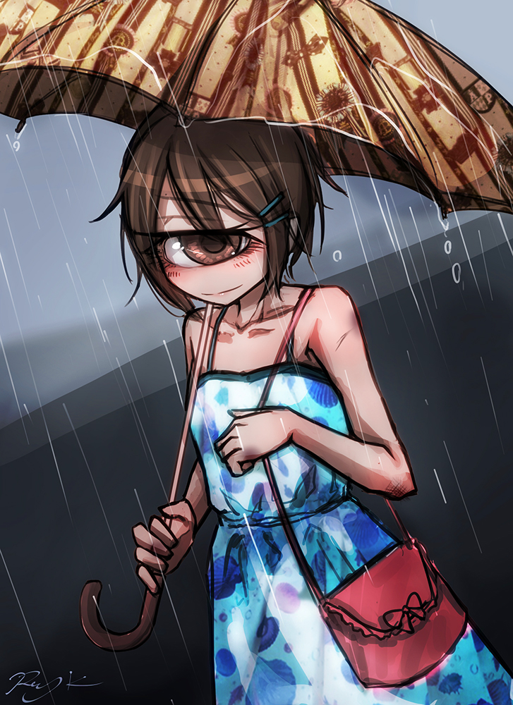 1girl artist_name bag bare_shoulders blue_dress brown_eyes brown_hair bruise collarbone cyclops dress female_focus hair_ornament hairclip hitomebore injury light_smile looking_at_viewer official_art one-eyed rain ray-k short_hair signature sleeveless sleeveless_dress solo umbrella usui_sachi water_drop