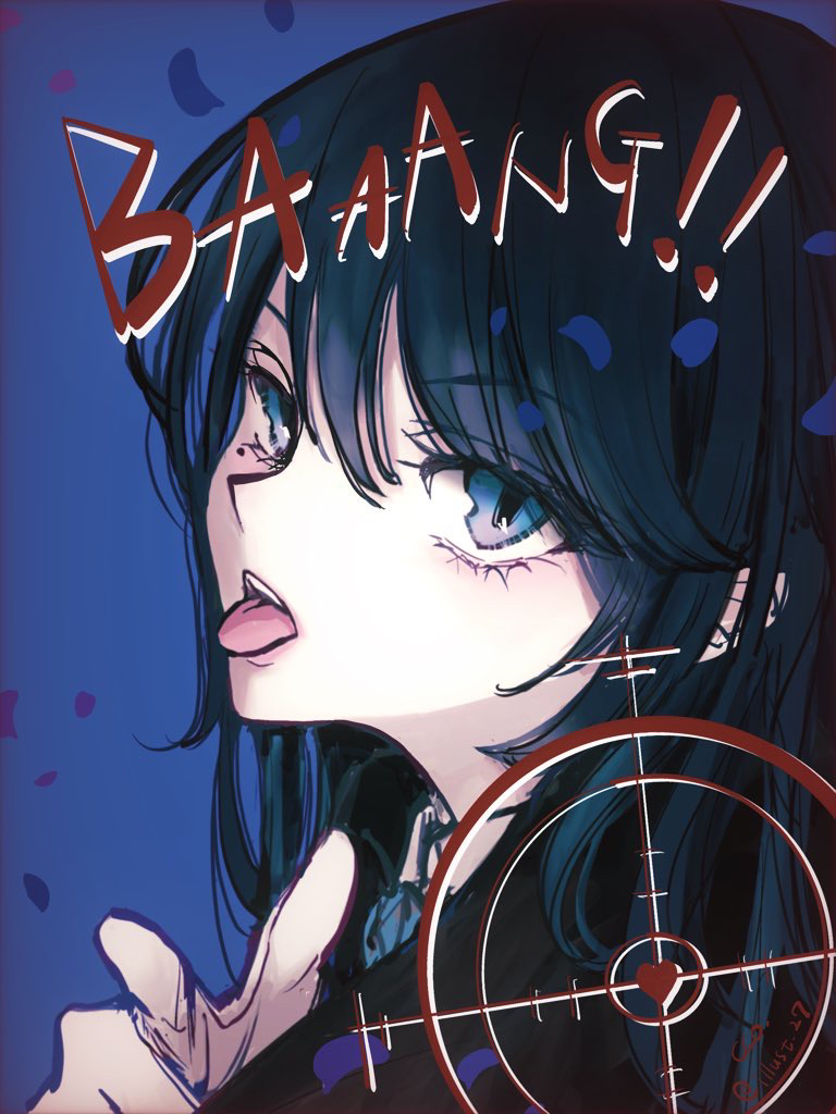 1girl :p ado_(utaite) artist_name bang_(gesture) black_hair blue_background blue_eyes blue_petals blue_theme cco_(mizutama_ma) chando_(ado) crosshair finger_gun hair_between_eyes heart long_hair looking_at_viewer mole mole_under_eye niconico open_mouth portrait real_life solo tongue tongue_out twitter_username upper_body utaite