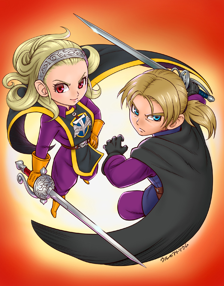 1boy anlucea black_cape black_gloves black_tabard blonde_hair blue_eyes blue_tunic brother_and_sister cape commentary_request curly_hair dark_persona dragon_quest dragon_quest_x floating_cape floating_clothes floating_hair from_above gloves gradient_background hair_pulled_back hand_on_own_hip holding holding_sword holding_weapon long_hair looking_at_viewer looking_to_the_side looking_up low_ponytail mole mole_under_mouth orange_background pants parted_bangs ponytail purple_pants purple_shirt rapier red_eyes shirt siblings silver_hairband sword tabard touma_(dq10) tunic ur_(wulfa) weapon yellow_gloves
