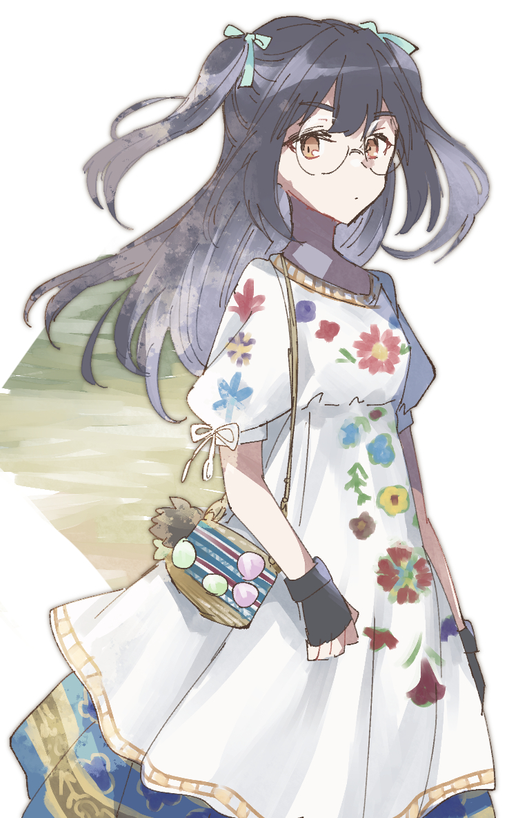 1girl bag black_gloves closed_mouth dress eyebrows_hidden_by_hair female_focus fingerless_gloves floral_print glasses gloves long_dress looking_at_viewer orange_eyes purple_hair round_eyewear shin_subarashiki_kono_sekai short_sleeves shoulder_bag solo subarashiki_kono_sekai usui_nagi white_dress