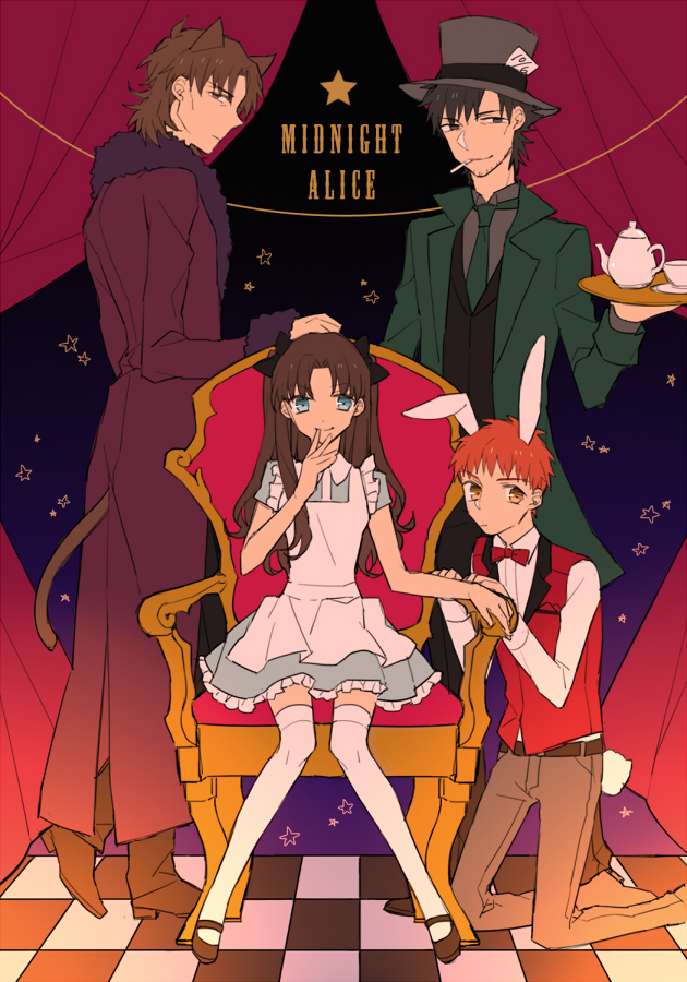 1girl 3boys alice_(alice_in_wonderland) alice_(alice_in_wonderland)_(cosplay) alice&#039;s_adventures_in_wonderland animal_ears black_hair brown_hair cat_ears chair cheshire_cat_(alice_in_wonderland) cheshire_cat_(cosplay) cosplay emiya_kiritsugu emiya_shirou fate/stay_night fate_(series) hat kotomine_kirei long_legs mad_hatter_(alice_in_wonderland) mad_hatter_(alice_in_wonderland)_(cosplay) matou_sakura multiple_boys naname13 orange_hair rabbit_ears teapot tohsaka_rin top_hat white_rabbit_(alice_in_wonderland) white_rabbit_(cosplay)
