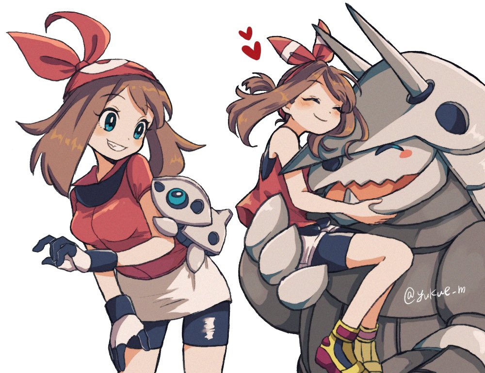 1girl aggron aqua_eyes aron black_shirt blue_eyes blush breasts brown_hair claws closed_eyes closed_mouth game_freak gen_3_pokemon gloves hat heart horns hug may_(pokemon) nintendo open_mouth pokemon pokemon_adventures red_hat red_ribbon red_shirt ribbon shirt shoes shorts sidelocks simple_background skirt smile twitter_username white_background white_skirt yellow_shoes yukue_m