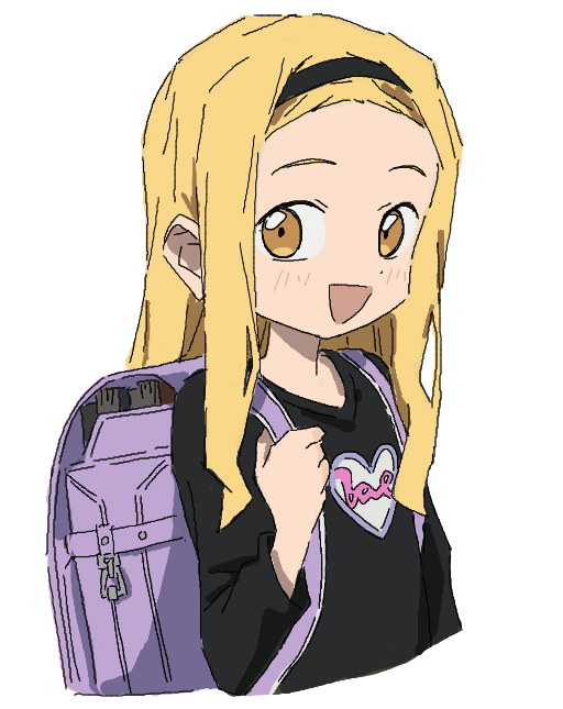 1girl :d backpack bag black_shirt blonde_hair book child commentary_request cropped_torso dot_nose forehead hair_over_hairband hairband hand_up heart heart_print holding_strap kirarazaka_marina light_blush long_hair long_sleeves looking_at_viewer medium_eyebrows mimimi222 oekaki open_mouth purple_bag randoseru shirt sidelocks sideways_glance sketch smile solo strap takopii_no_genzai upper_body white_background yellow_eyes