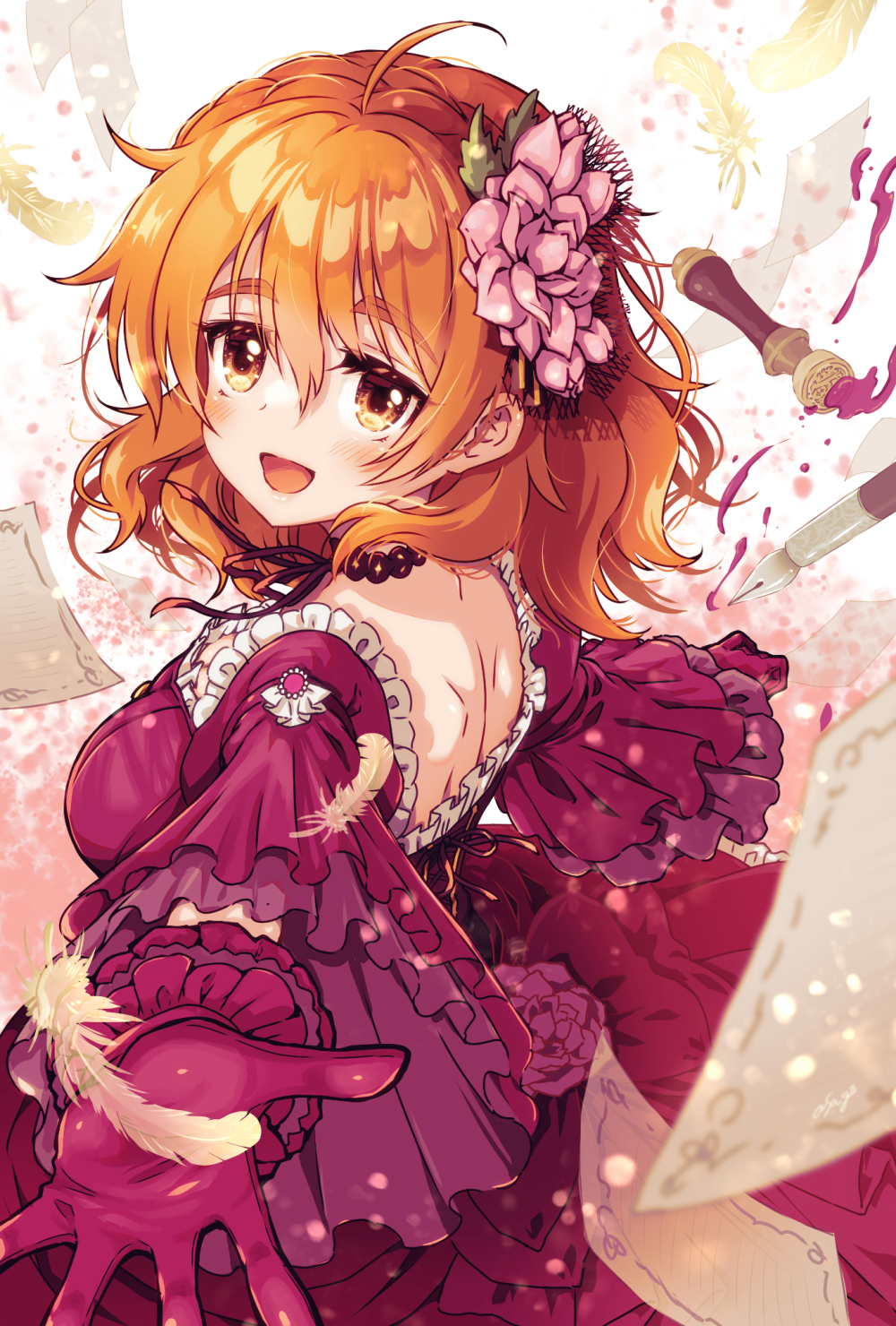 1girl ahoge araki_hina asago_ichika back backless_dress backless_outfit birthday blush breasts brown_eyes brown_hair choker cleavage commentary_request corset cowboy_shot dress dress_flower falling_feathers falling_paper feathers flower frilled_dress frilled_gloves frills from_behind from_side gloves hair_between_eyes hair_flower hair_ornament hands_up highres idol idolmaster idolmaster_cinderella_girls ink ink_stamp juliet_sleeves layered_dress layered_gloves long_bangs long_sleeves looking_at_viewer looking_back looking_to_the_side medium_breasts medium_hair nib_pen_(object) official_alternate_costume open_mouth outstretched_arms paper pen pink_flower puffy_sleeves purple_choker purple_corset purple_dress purple_gloves sidelocks smile solo spread_arms standing tongue wavy_hair