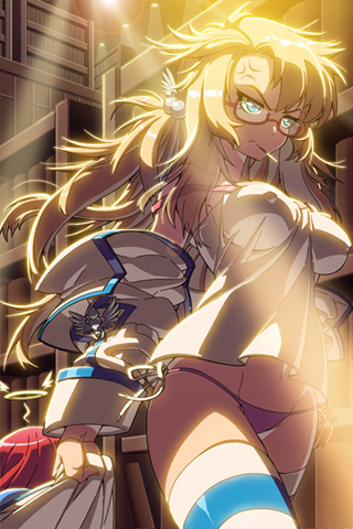 2girls anger_vein blonde_hair blue_eyes blue_thighhighs frown glasses glowing glowing_eyes halo holding impossible_clothes jacket long_hair lowres mazingkaizer multiple_girls nearly_naked_shirt no_pants panties parted_bangs purple_panties quartermaster_knight red_hair shirt side-tie_panties striped_clothes striped_thighhighs sword_girls thighhighs underwear unworn_jacket vernika_answer walking white_thighhighs