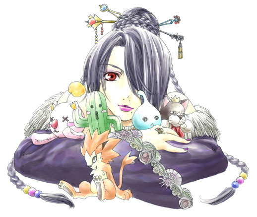 00s 1990s_(style) 1girl bare_shoulders black_hair blush_stickers braid cait_sith_(final_fantasy) character_doll closed_mouth crown doll expressionless female_focus final_fantasy final_fantasy_vii final_fantasy_viii final_fantasy_x hair_bun hair_ornament hair_over_one_eye hair_stick hug jewelry kimagureneko koyokoyo lips lipstick long_sleeves looking_at_viewer lulu_(ff10) makeup mana_tohno mole mole_under_mouth moogle moomba nail_polish necklace pupu_(ff8) red_eyes retro_artstyle ring sabotender short_hair simple_background single_hair_bun smile solo square_enix stuffed_animal stuffed_toy upper_body white_background