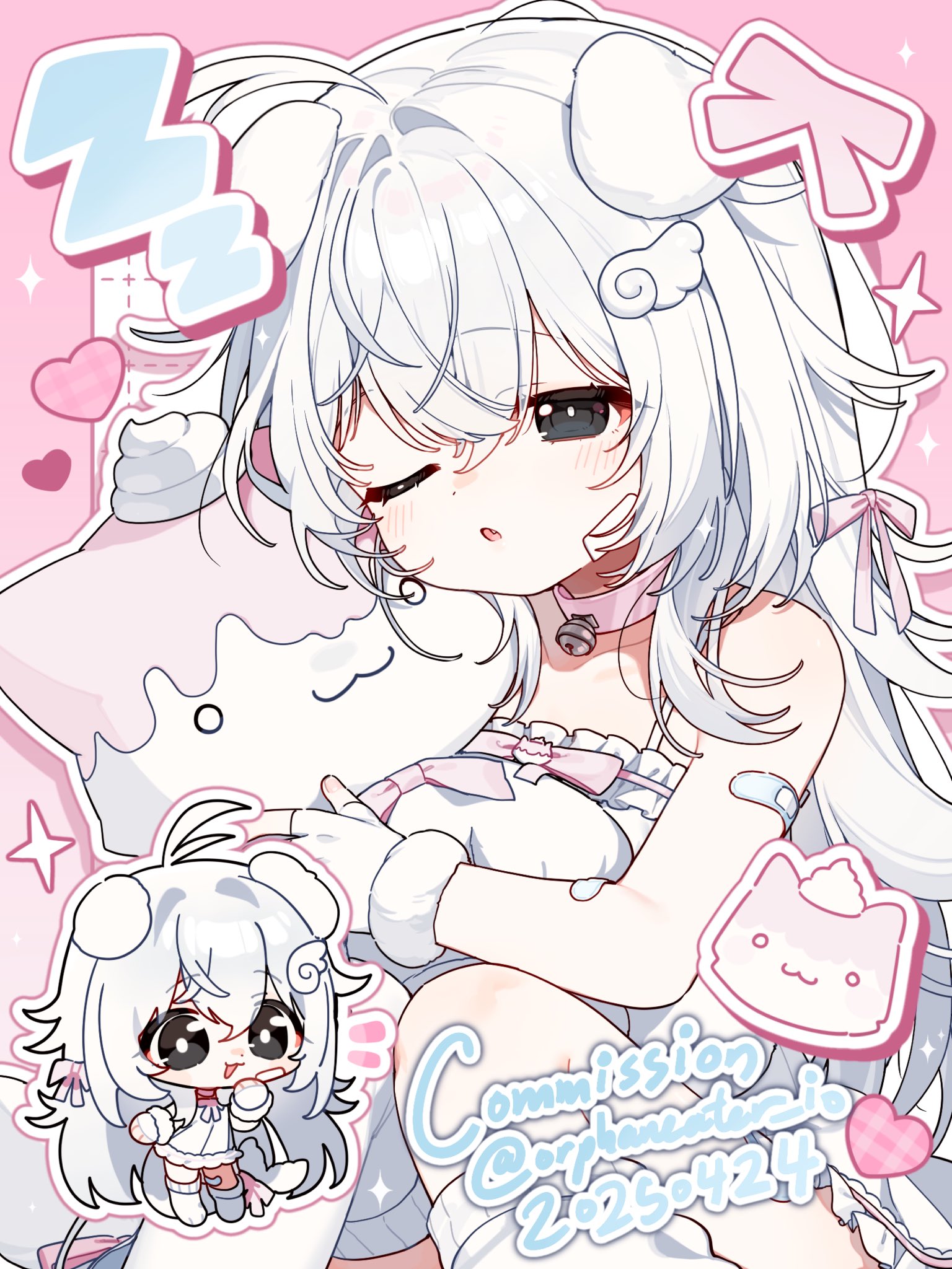 1girl :3 ahoge antenna_hair bandaid bandaid_on_arm bandaid_on_cheek bandaid_on_face bare_shoulders bell black_eyes blue_bandaid blush bow camisole chibi chibi_inset collar collarbone commission dated diamond_(shape) fang fingerless_gloves frilled_camisole frills fur-trimmed_gloves fur_trim gloves hair_between_eyes hair_intakes hair_ornament hair_over_shoulder hair_ribbon half-closed_eyes heart highres holding holding_stuffed_toy knees_together_feet_apart leg_warmers long_hair neck_bell one_eye_closed original orphaneater_io parted_lips pink_background pink_bow pink_collar pink_ribbon ribbon sidelocks sitting spaghetti_strap stuffed_toy twitter_username very_long_hair white_camisole white_gloves white_hair white_leg_warmers wing_hair_ornament zzz