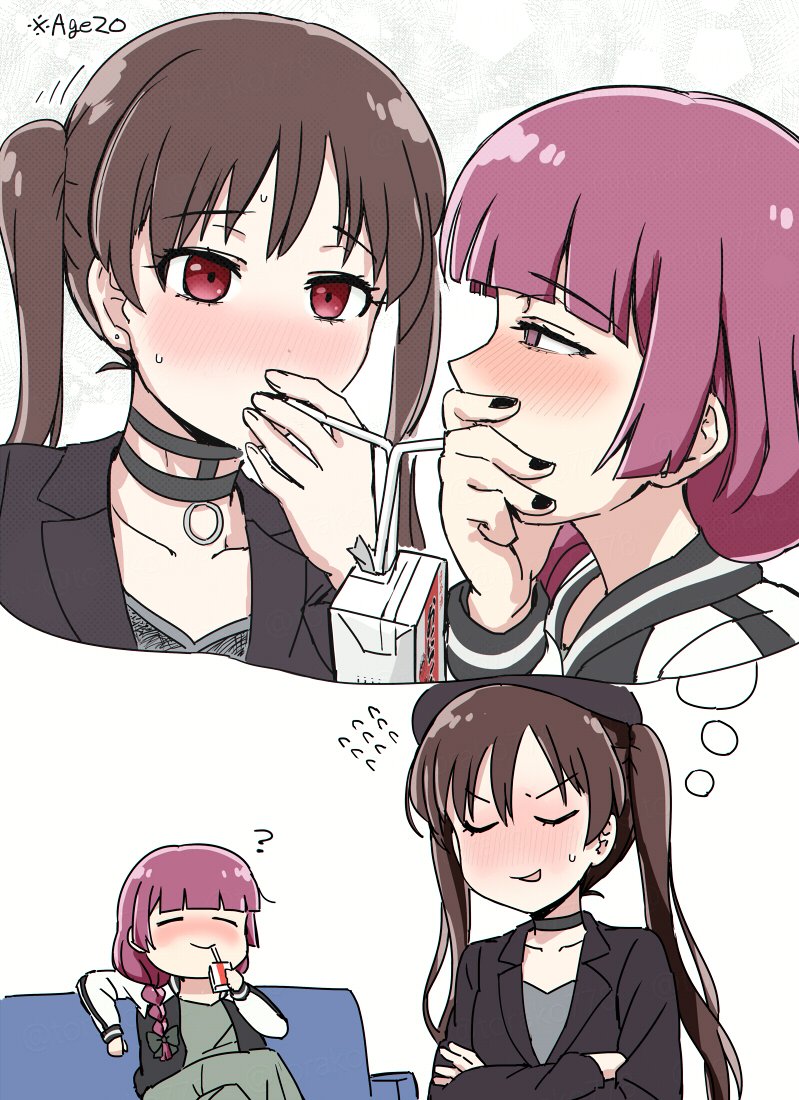 2girls ? alcohol_carton bendy_straw beret black_choker black_hat black_jacket black_lagoon black_nails blunt_bangs blush bocchi_the_rock! bow brown_hair choker closed_mouth collarbone couch crossed_legs dress drinking drinking_straw drinking_straw_in_mouth eye_contact fingernails flying_sweatdrops green_bow green_dress hair_bow hair_over_shoulder hat hiroi_kikuri holding_carton imagining jacket long_hair long_sleeves looking_at_another low-braided_long_hair low-tied_long_hair motion_lines multicolored_jacket multiple_girls nail_polish nose_blush on_couch ootsuki_yoyoko open_clothes open_jacket open_mouth pink_eyes pink_hair red_eyes shared_drink sitting smile speech_bubble sweat thought_bubble torako_(toramaru) twintails two-tone_jacket white_jacket
